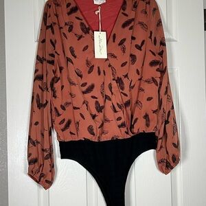 Feather Print Bodysuit in Rust and Black